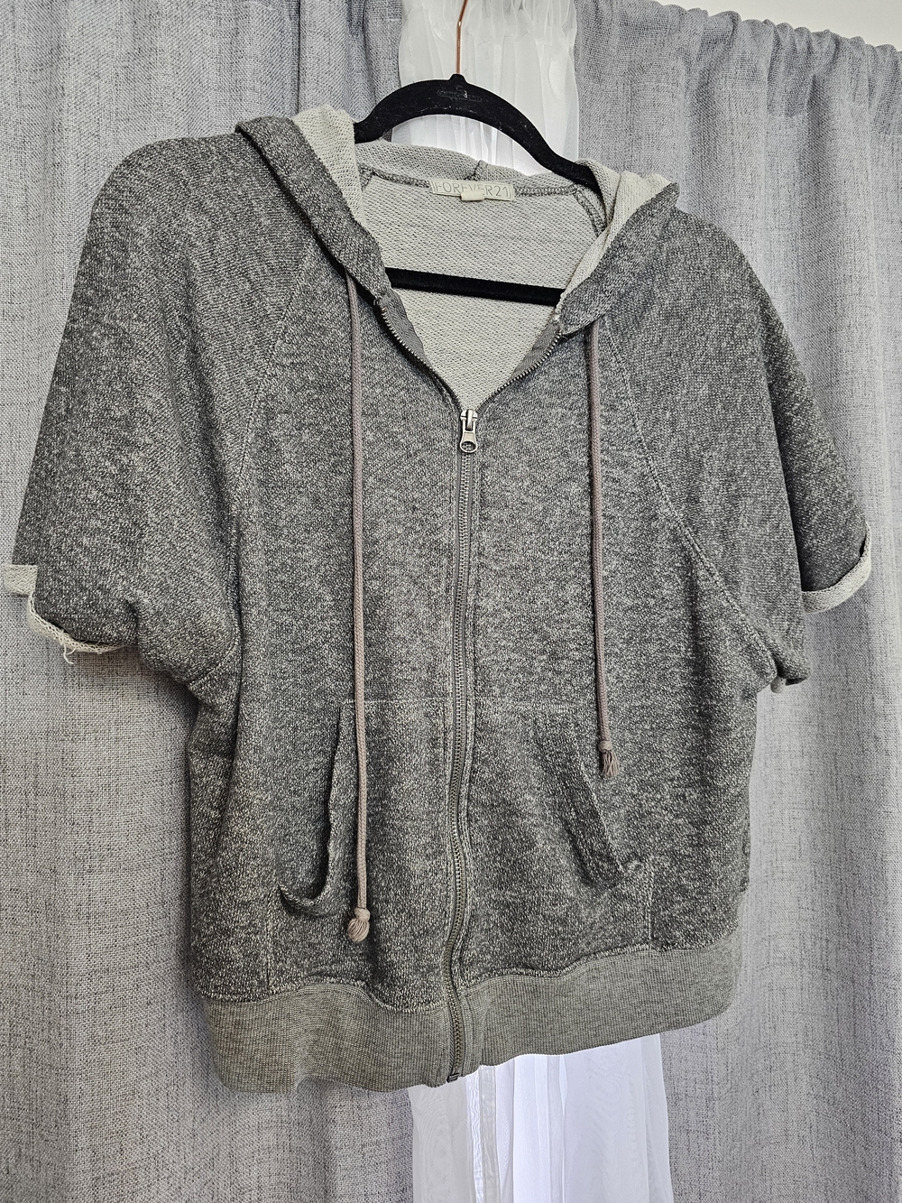 Forever 21 Light Gray Short Sleeve Zip Hoodie
